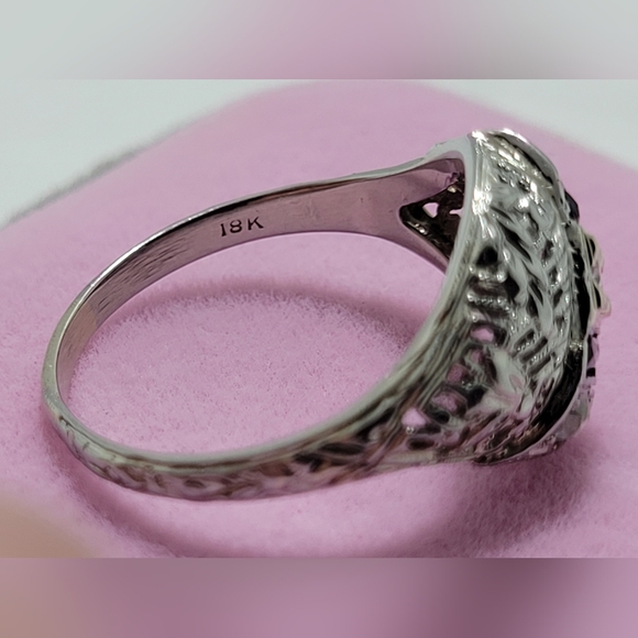 VINTAGE ESTATE 1950s ART DECO 18k Solid White Gold Blue Saphire and Diamond Ring - Picture 5 of 9